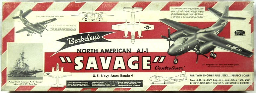 Berkeley 1/32 North American AJ-1 Savage Navy Bomber - Twin Gas Engines Plus Jetex Engine 27 Inch Wingspan Flying Aircraft plastic model kit